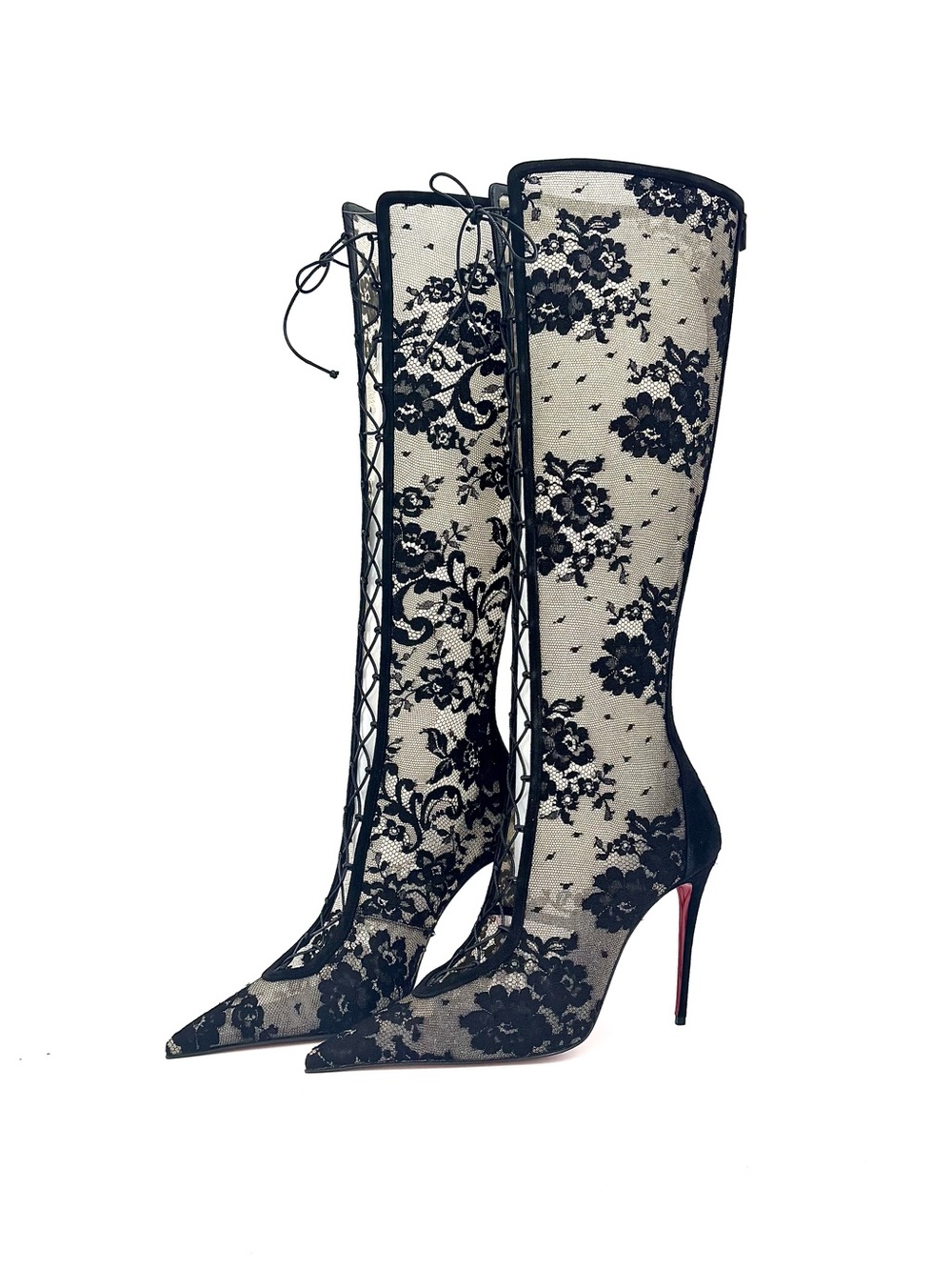 Christian Louboutin KM Lace Botta 100 Pointed Toe Knee High Stiletto Boots 40.5
